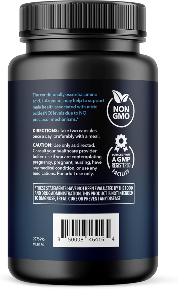 L-Arginine Capsules for Active Males - 60 Count, Non-GMO, 1200mg Blend of L Arginine and L Citrulline - Arginine Supplement for Enhanced Performance - L Arginine for Muscle Support