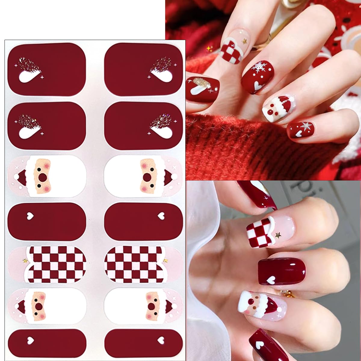 Glitter Christmas Gel Nail Polish Stickers Santa Claus Elk Nail Design Winter Gel Nail Stickers Christmas Trees Snowflake Full Wrap Gel Nail Strips French Christmas Stickers for Women Nail Supplies