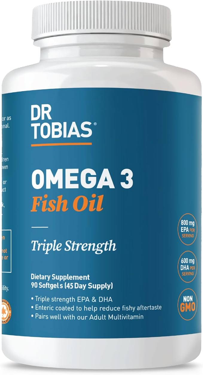 Dr. Tobias Omega 3 Fish Oil, 2000mg Triple Strength Omega 3 Supplement with 800mg EPA 600mg DHA Per Serving, Fish Oil Omega 3 Supplements for Heart, Brain & Immune Support, 90 Softgels, 45 Servings