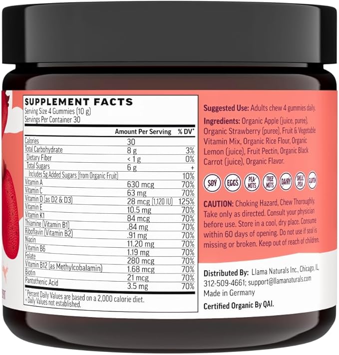 Llama Naturals Real Fruit Gummy Vitamins for Adults, No Added Sugar Cane, Whole Food Multivitamin Gummies for Women and Men, Vegan, Organic, Plant Based, Chewable, 120 Count (30 Day Supply) Strawberry