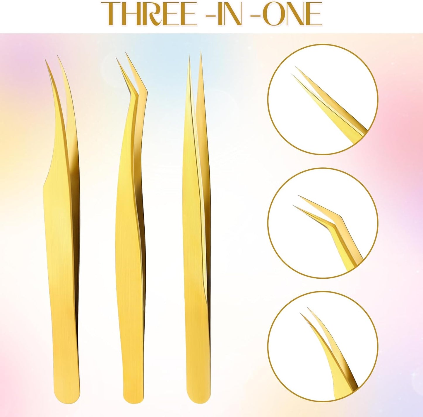 3 PCS Lash Tweezers for Eyelash Extensions, High Precision Gold Metal Tweezers Set Fiber Tip and Curved Isolation Tweezers Eyelash Extension Tools for Women Volume Lash, Crafting, Jewelry Making