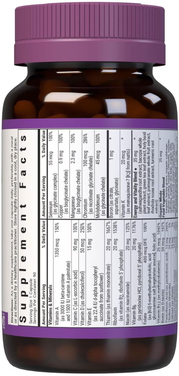 Bluebonnet Nutrition Maxi One (with Iron), Whole Food Multiple, Enzymes, Energy, Vitality, Gluten-Free, Kosher, Dairy-Free, Vegetarian Friendly, Soy-Free, Non-GMO, 90 Vegetable Capsule, 3 Month Supply, Beige