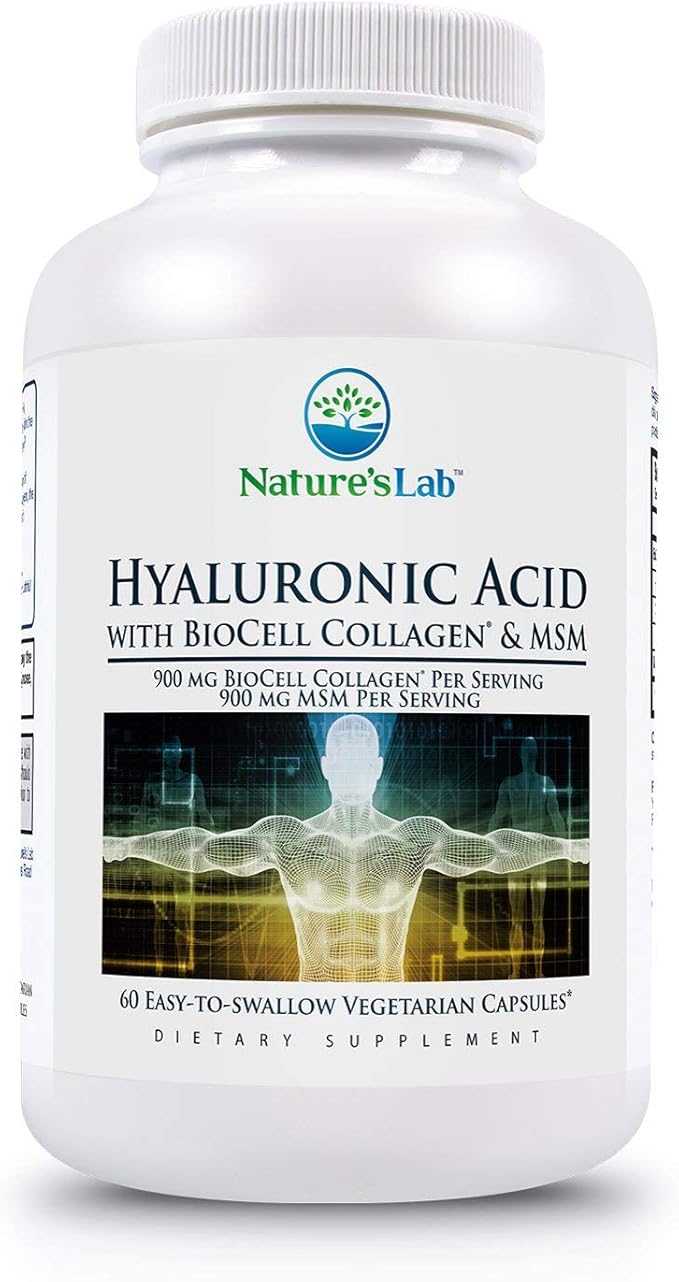 Nature's Lab Hyaluronic Acid with Biocell Collagen and MSM - Skin Hydration, Joint Health - 60 Capsules (20 Day Supply)