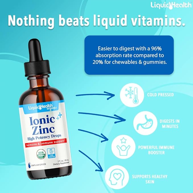 LIQUIDHEALTH Ionic Zinc 15mg, 2 Oz Zinc Liquid, Pure Zinc Vitamin Drops, Liquid Vitamin Zinc Supplement, Zinc Sulfate Heptahydrate for Adults, Men & Women, Kids 4 and up (3pack)