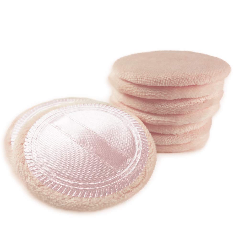 10pcs Powder Puff Cotton Cosmetic Face Makeup Powder Puffs Pads with Ribbon for Loose and Foundation 2.36 inch. (Beige)