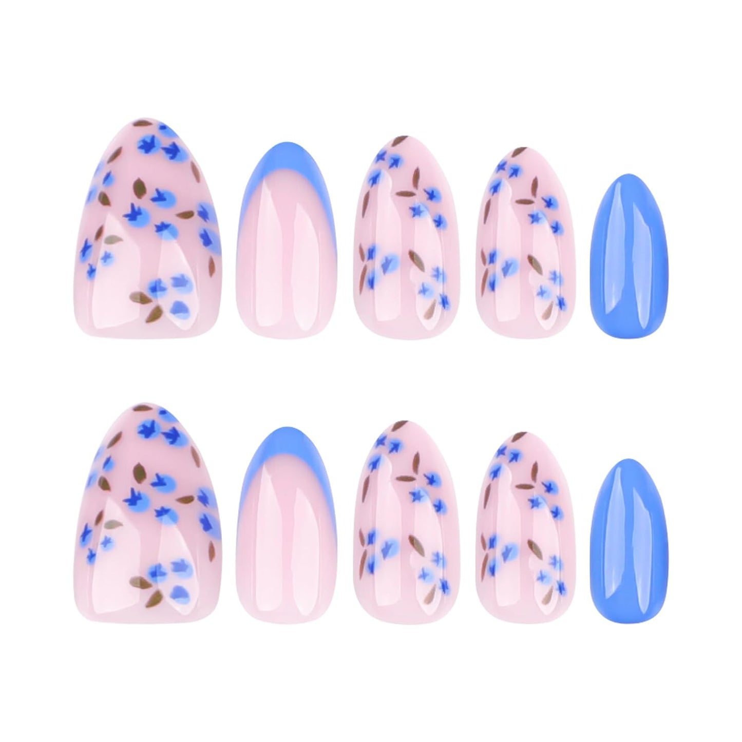 Summer Fall Press On Nails Short Almond, Nude and Blue Fake Nails Featuring Blue Floral Accents, Glossy Finish Acrylic Nails, Thick Reusable Glue On Nails for Women, 24Pcs