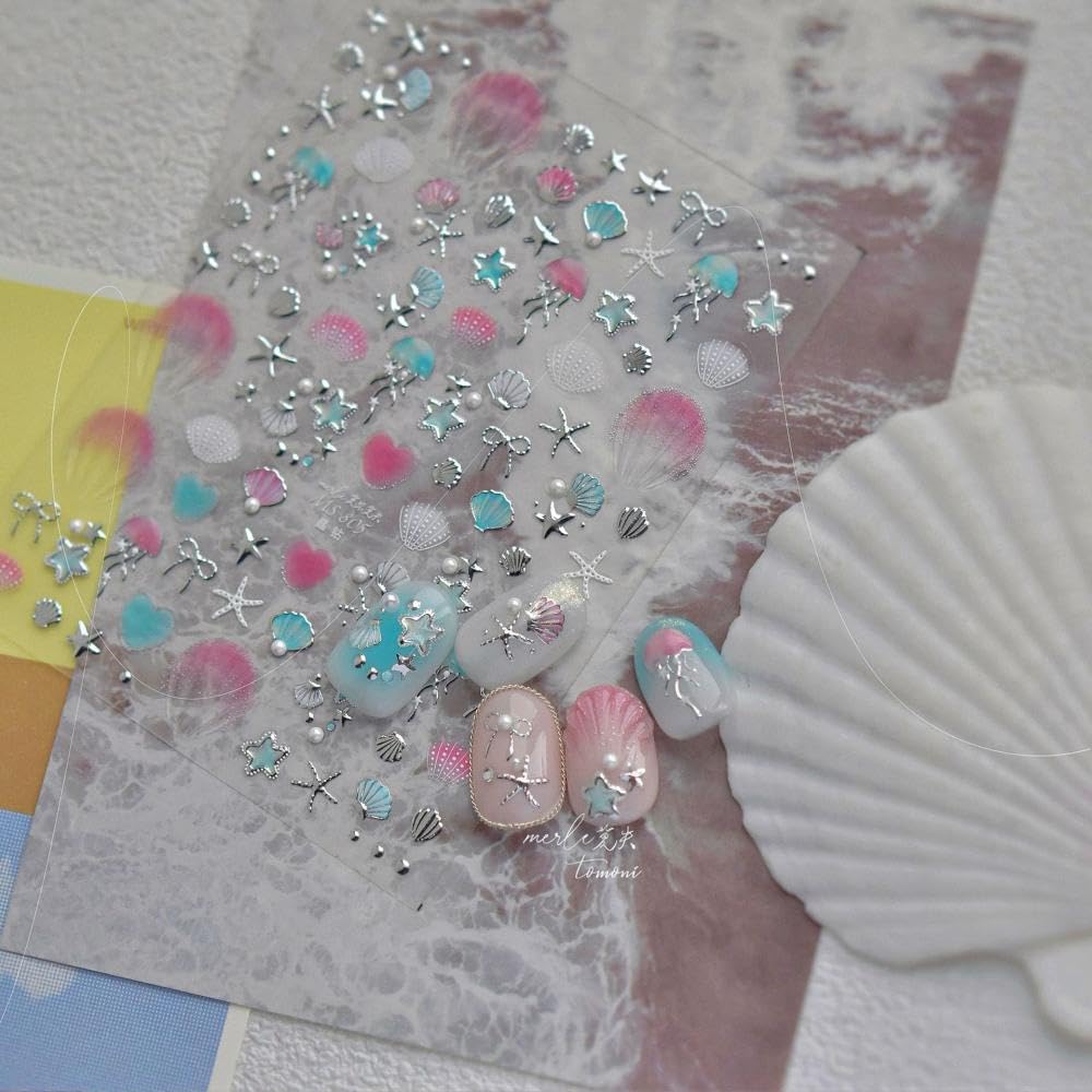 Laser Pearl Seashell Nail Stickers 5D Embossed Silver Gold Ocean Nail Decals 3D Self-Adhesive Starfish Nails Supplies Jellyfish Nails Designs Summer Nail Art Decoration for Women DIY Manicure 2 Sheets