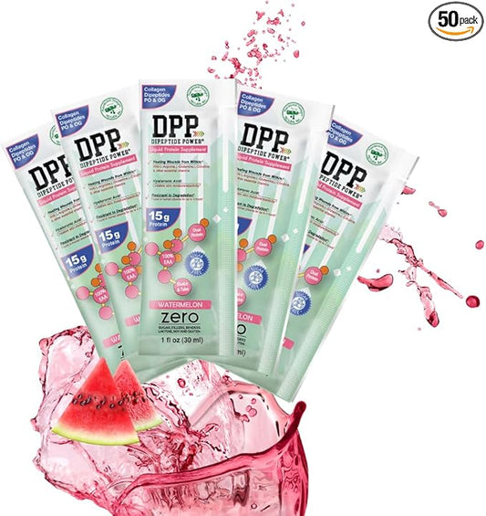 Nutritional Designs DPP Dipeptide Power Liquid Collagen & Whey Protein Supplement, Sugar-Free, Promotes Healthy Skin & Hair for Men & Women, Watermelon, Single Serve Packet, 1 oz (50 Packets)