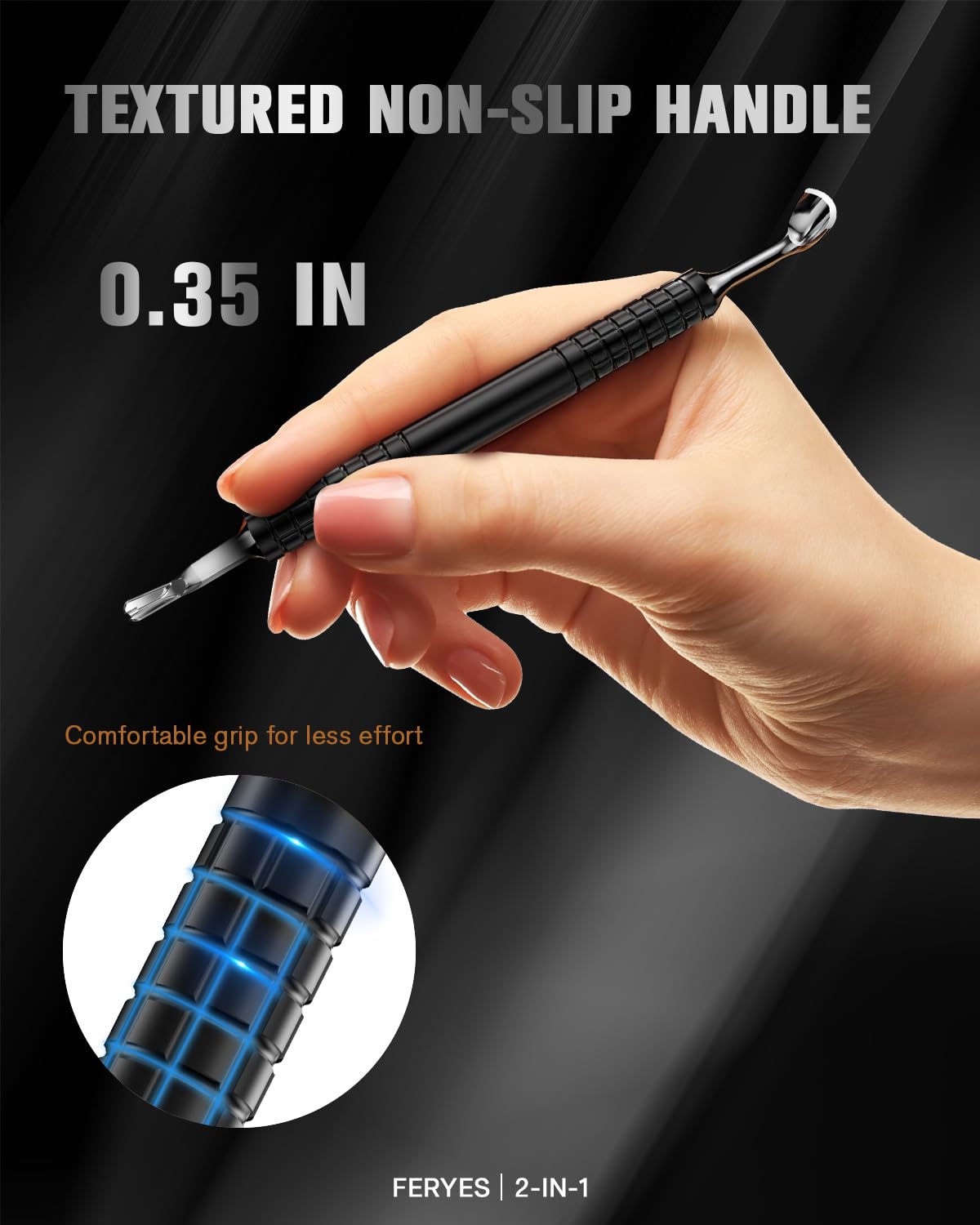 FERYES Upgraded Horseshoe Shape Cuticle Pusher with Fork, 2-in-1 Cuticle Remover Tool, Stainless Steel Cuticle Trimmer Nail Care Tool for Manicures- Black(5.6 Inches）