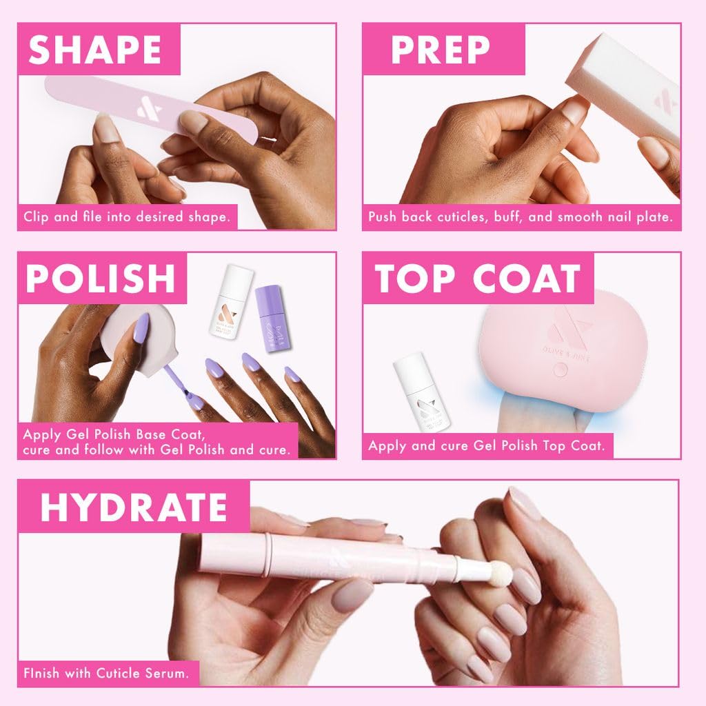 Olive & June Bestsellers Gel Polish Set | UV LED Nail Lamp Needed | Includes 6 Shades (HD, KMC, Pink Goldfish, Icing Is The Best Part, Prom, XOXO) + Gel Top Coat & Base Coat & Peel-Off Base HEMA-Free