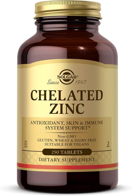 Solgar Chelated Zinc, 250 Tablets - Zinc for Healthy Skin - Supports Cell Growth & DNA Formation - Exerts Antioxidant Activity - Supports A Healthy Immune System - Non GMO, Vegan - 250 Servings