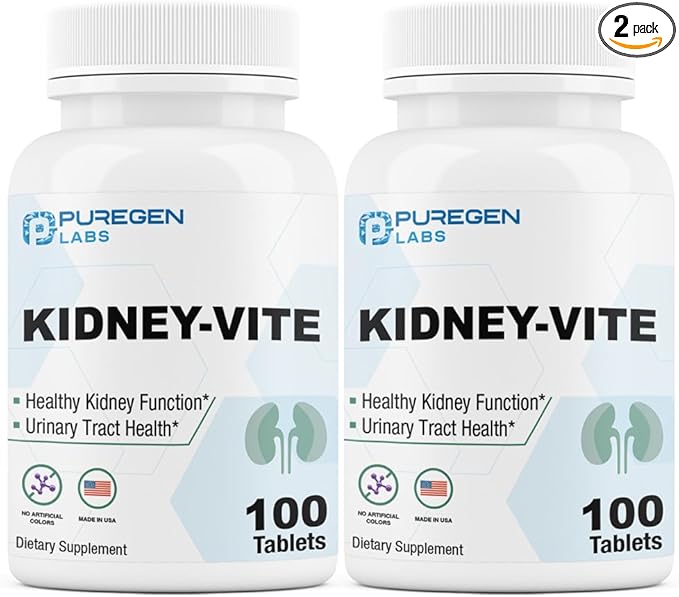 Puregen Labs Kidney-Vite | Premier Kidney, Renal Support | Non-GMO, Gluten-Free, No Artificial Color Additives | 2 Pack – Total 200 Tablets