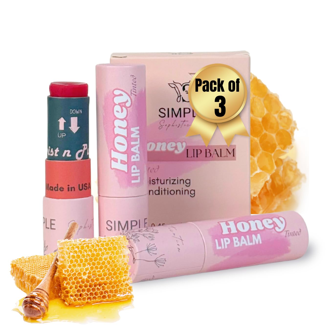 Organic Honey Lip Balm - 100% Grassfed Beef Tallow Chapstick for Women, Natural Raw Honey & Argan Oil - Ultra Moisturizing, Conditioning, Chemical Free - 3 Pack (3x0.15 oz) Tinted