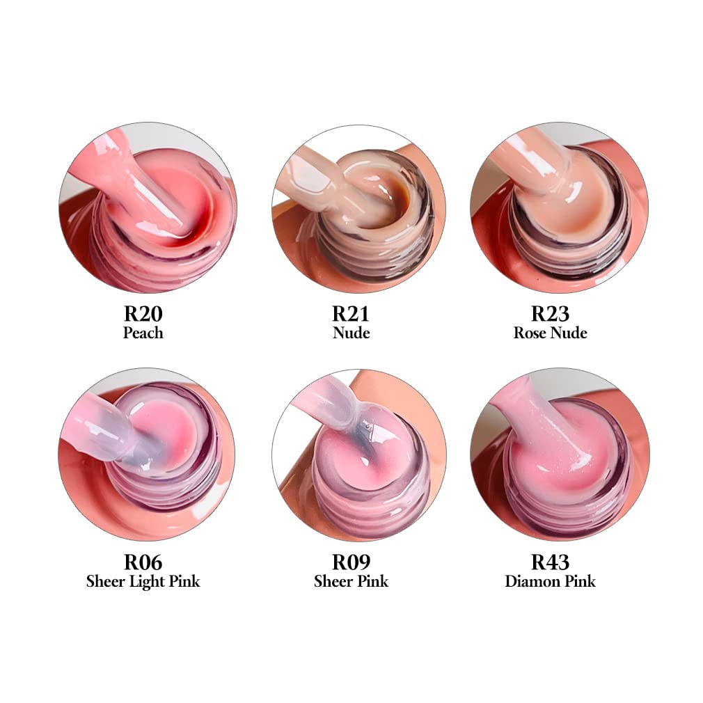 FZANEST Rubber Base Gel Polish, 6pcs*7.5ml Builder Gel Jelly Sheer Natrual Nude Pink in a Bottle UV Gel Polish Kit, Structure Quick Extension Gel