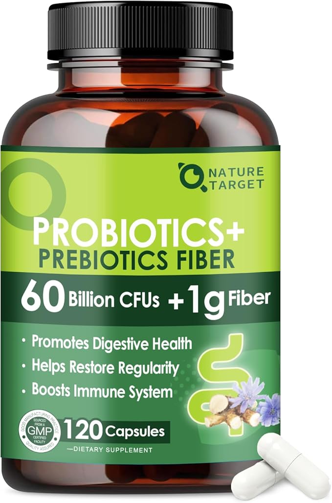 Probiotics for Women & Men Digestive Health with Prebiotic Fiber - Fiber Supplement with 60 Billion Probiotic for Regularity & Gut Cleanse - Supports Occasional Constipation - 120 Veggie Capsules