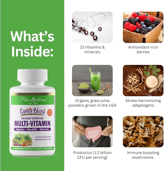 Paradise Herbs Earth's Blend Women's One Daily Multivitamin with Iron, 48 Organic Superfoods, Probiotics, Antioxidants, Vitamins A, B12, C, D, K2, Daily Superfood, 30 Capsules