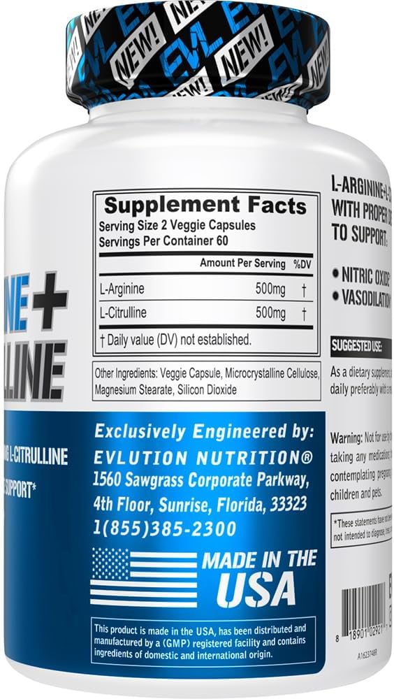 Evlution Nutrition L-Arginine + L-Citrulline - Endurance + Workout Performance Supplement - 1000mg Complex - Vasodilation + Nitric Oxide Support - Vegan + Gluten Free Capsules - 60 Servings