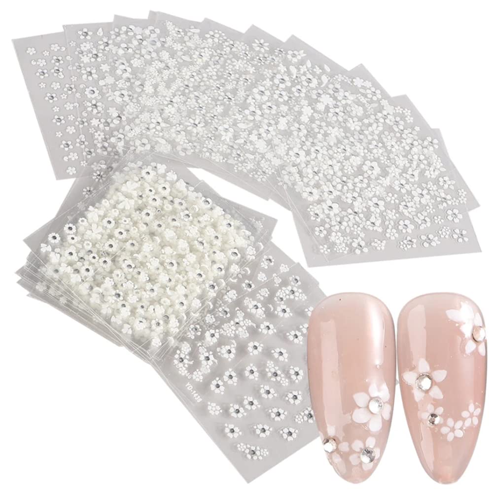 30 Sheets White Flower Nail Art Stickers, White Flower with Rhinestones Designs Nail Decals 3D Self Adhesive Nail Stickers Nail Art Supplies for Nails Decorations