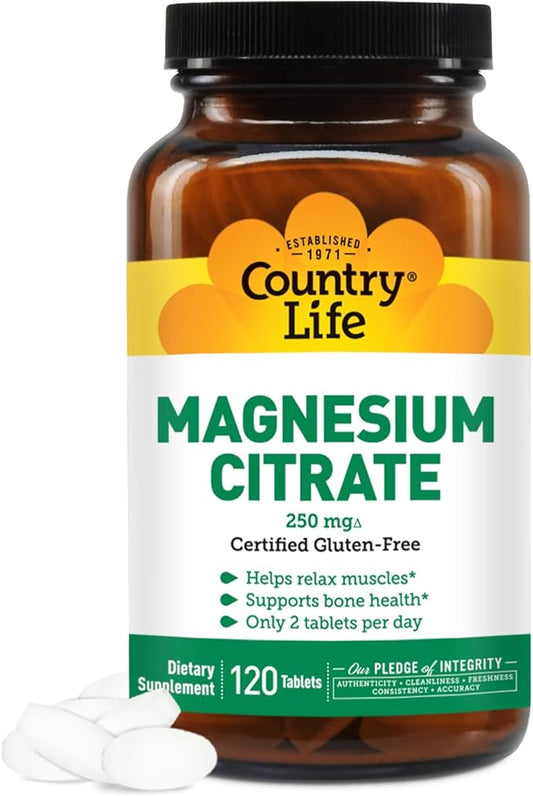 Country Life Magnesium Citrate - 120 Tablets - Supports Muscle & Nerve Function, Heart Rhythm, Healthy Immune System, Energy Production - Magnesium Citrate 250mg, Magnesium Complex Supplement