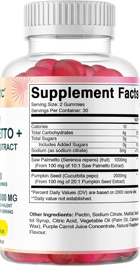 Vitamatic Sugar Free Saw Palmetto with Pumpkin Seed - 3000 mg Equivalent per Serving - Natural Raspberry Flavor - 60 Count