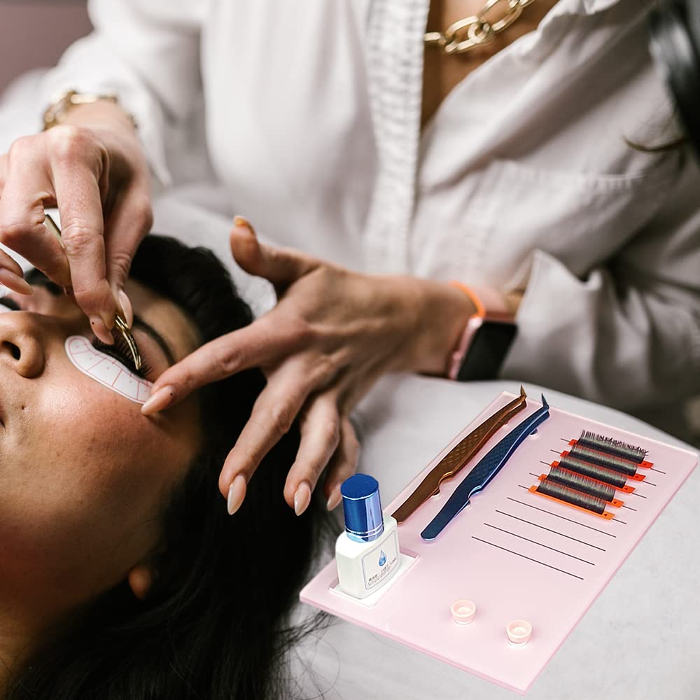 Grafting False Eyelash Acrylic Extension Pallet, Eyelash Extension Glue Tweezers Plate Pad Makeup Palette Individual Training Tools (Pink (7.87x5.12in))