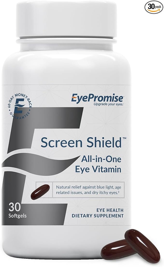 EyePromise Screen Shield All-in-One Eye Vitamin | Omega–3 Fish Oil, Bilberry, Lutein, Zeaxanthin, Vitamins A, C, B12, Zinc | 30 One-A-Day, Easy-Swallow Softgel Capsules