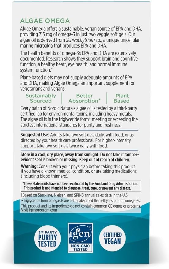 Nordic Naturals Algae Omega - 60 Soft Gels - 715 mg Omega-3 - Certified Vegan Algae Oil - Plant-Based EPA & DHA - Heart, Eye, Immune & Brain Health - Non-GMO - 30 Servings