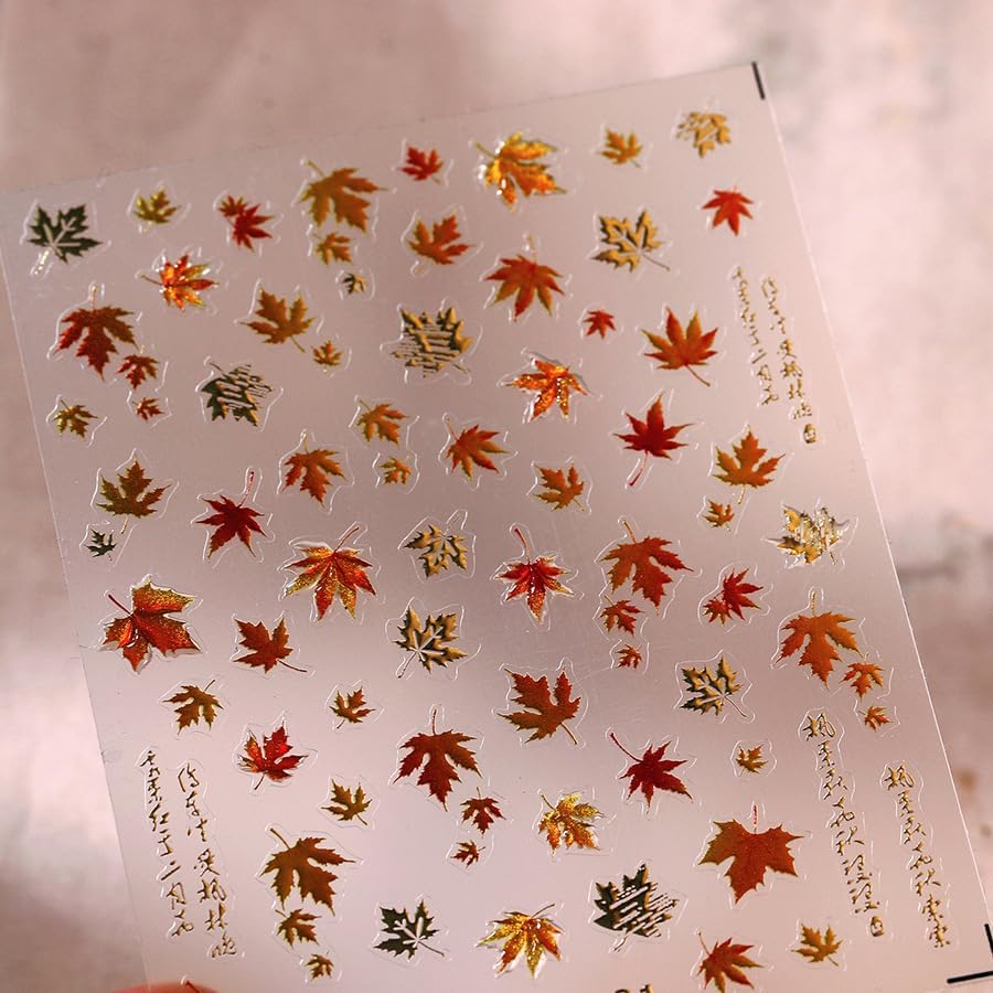 Fall Nail Stickers Maple 5D Embossed Leaves for Thanksgiving Day Nail Art Self-Adhesive Autumn Nails Decoration Glitter Gold Maple Leaf Nail Decals DIY for Women Nail Supplies