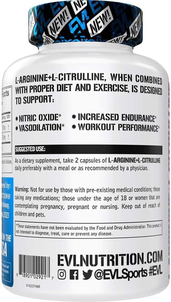 Evlution Nutrition L-Arginine + L-Citrulline - Endurance + Workout Performance Supplement - 1000mg Complex - Vasodilation + Nitric Oxide Support - Vegan + Gluten Free Capsules - 60 Servings