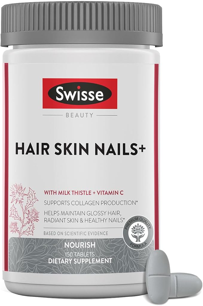 Swisse Biotin Hair Skin and Nails Collagen Supplement for Women & Men | Milk Thistle, Biotin, Vitamin C, Zinc, Iron | Supports Hair Growth Production | 150 Tablets