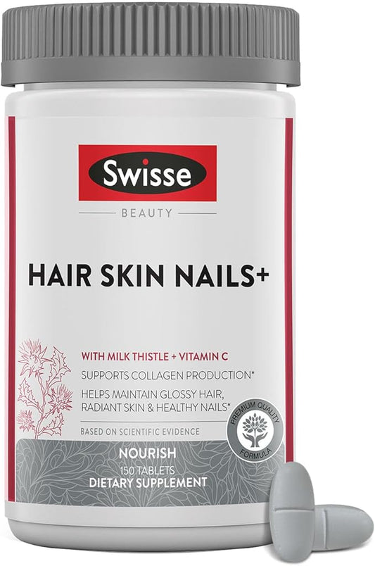 Swisse Biotin Hair Skin and Nails Collagen Supplement for Women & Men | Milk Thistle, Biotin, Vitamin C, Zinc, Iron | Supports Hair Growth Production | 150 Tablets