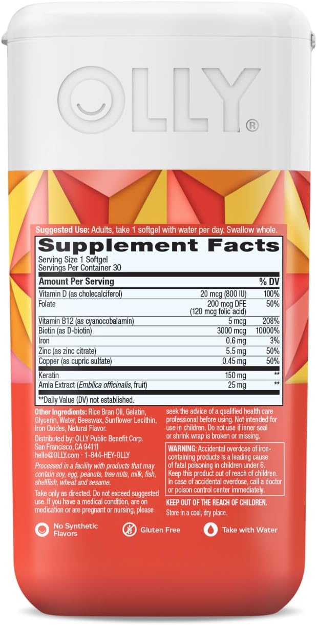 OLLY Ultra Strength Hair Softgels, Supports Hair Health, Biotin, Keratin, Vitamin D, B12, Hair Supplement, 30 Day Supply - 30 Count (Packaging May Vary)