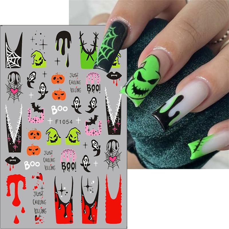 8 Sheets Halloween Nail Stickers Decals Horror Halloween Self Adhesive Nail Design Stickers Ghost Skull Black Cat Spider Web Nail Art Stickers for Women Girls DIY Manicure Nail Decoration