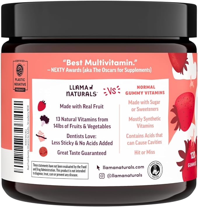 Llama Naturals Real Fruit Gummy Vitamins for Adults, No Added Sugar Cane, Whole Food Multivitamin Gummies for Women and Men, Vegan, Organic, Plant Based, Chewable, 120 Count (30 Day Supply) Strawberry