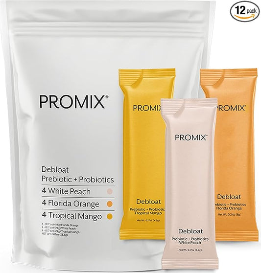 Promix Debloat Prebiotics and Probiotics Immune Support Supplement for Digestive Health, Nausea Relief, Gut Repair - Variety Pack - 12 Count