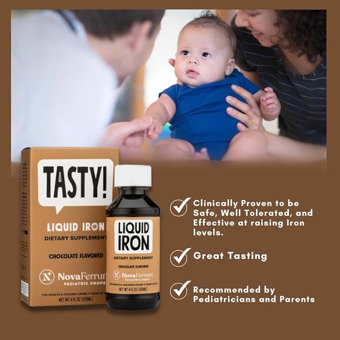 NovaFerrum Tasty | Pediatric Drops Liquid Iron Supplement for Infants, Toddlers & Kids | 15mg of Iron Per 1mL Dose | Ages 4 & Under | Gluten Free | Sugar Free | Chocolate Flavored | 120 Servings