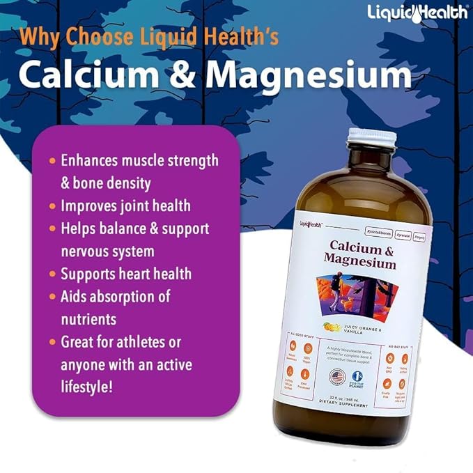 LIQUIDHEALTH Calcium & Magnesium Adult Liquid Vitamin Supplement - Bone, Joint, Muscle, Connective Tissue Support, Heart Health, Essential Nutrients - Great Taste, Vegan, Non GMO, Sugar-Free (3 Pack)