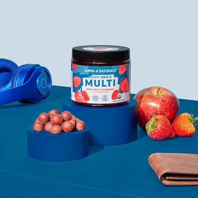 Llama Naturals Real Fruit Gummy Vitamins for Men | No Added Sugar Cane | Whole Food Multivitamin Gummies | Vegan, Organic, Chewable | 120 ct | 30 Day Supply | Cherry