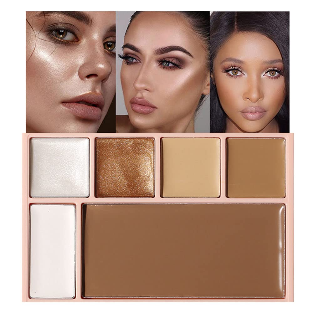Pro Cream Highlight and Contour Palette Kit with Mirror & Brush for Women. White Silver Gold Highlight Brown Face Correcting Concealer Palette