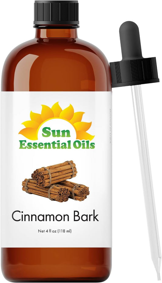 Sun Essential Oils - Cinnamon Bark Essential Oil (4 oz) with Dropper for Diffuser, Aromatherapy Massage, Skin & Hair, Fragrance for Candle, Soap & Lotion Making at Home