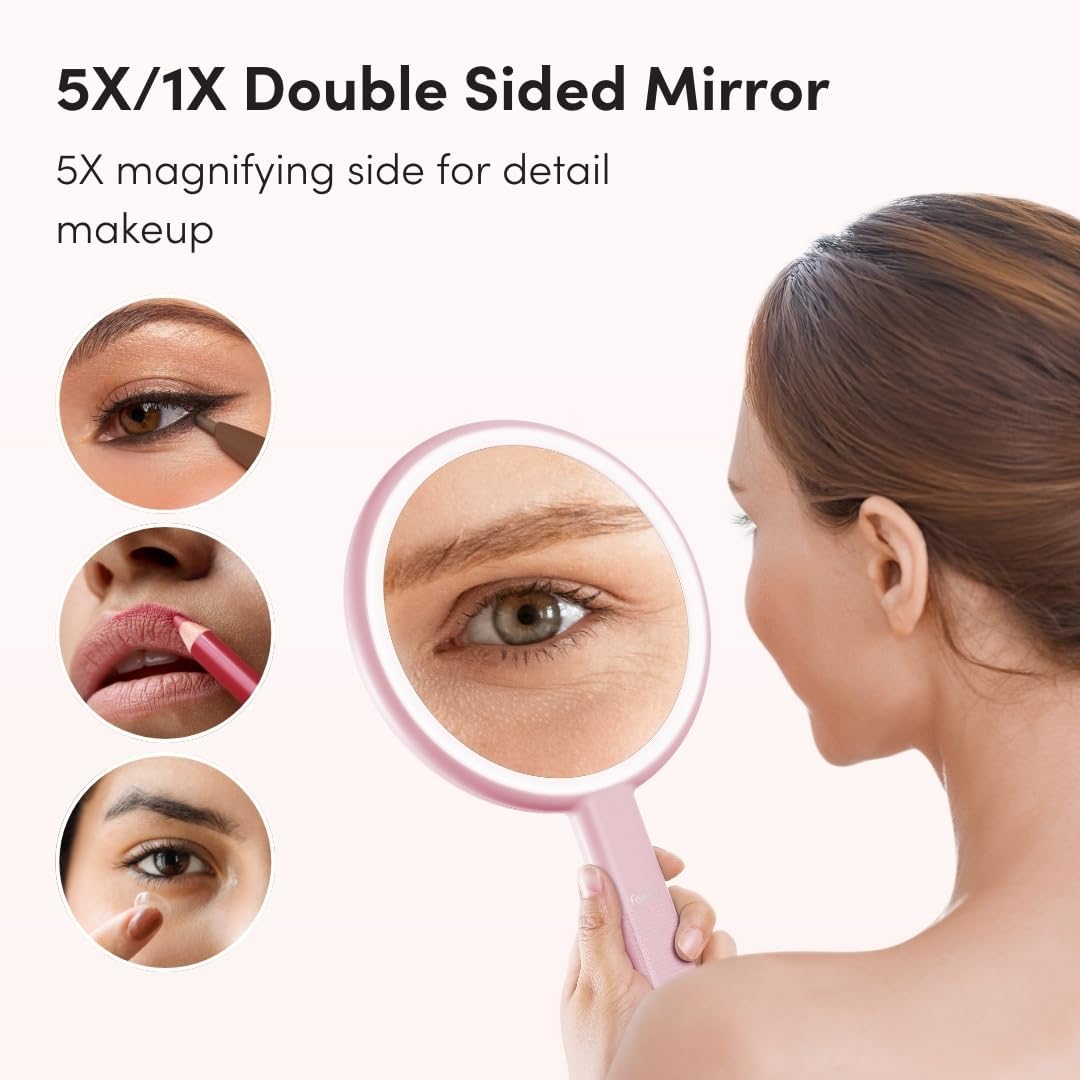 Fancii Cami Handheld Travel Makeup Mirror with Lights, Rechargeable, Extra Large, Double Sided 5X / 1X Magnifying Mirror - 3 Color Lighting, Handheld or Vanity (Strawberry Cream)