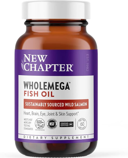 New Chapter Wholemega Fish Oil Supplement - Wild Alaskan Salmon Oil with Omega-3 + Vitamin D3 + Astaxanthin + Sustainably Caught - 60 ct, 1000mg Softgels