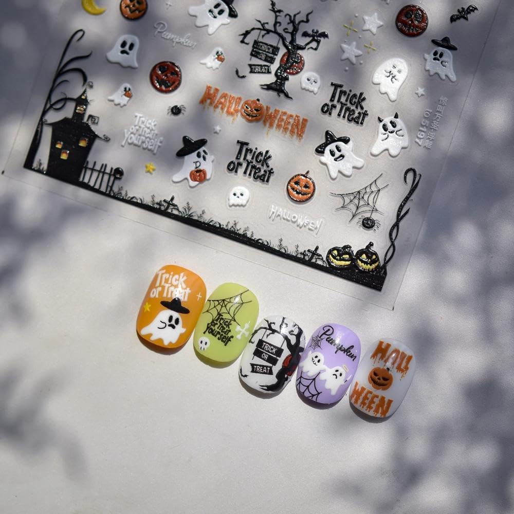 1 Sheet Halloween Nail Stickers 3D Self-Adhesive Cute Ghost Haunted House Nail Art Stickers Pumpkin Spider Web Nail Decals Moon Star Nail Designs Holiday Nail Art Decoration for Women Girls Manicure