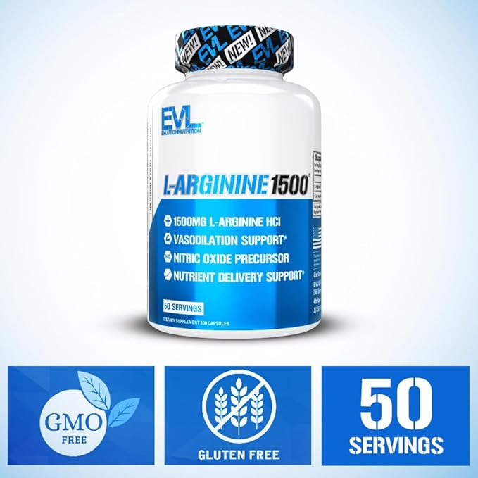 Evlution Nutrition Nitric Oxide Booster L-Arginine Supplement - High Potency Nitric Oxide Supplement with 1500mg of L Arginine HCL for Enhanced Pumps Energy Muscle Growth and Vascularity NO Booster