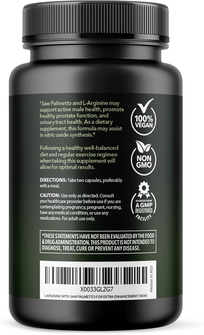 L Arginine Saw Palmetto for Men Prostate Supplement - Nitric Oxide (NO) & Prostate Support Supplement for Ultimate Male Health - Endurance Performance & Urinary Health - Vegan, 60 Count 1 Month Supply