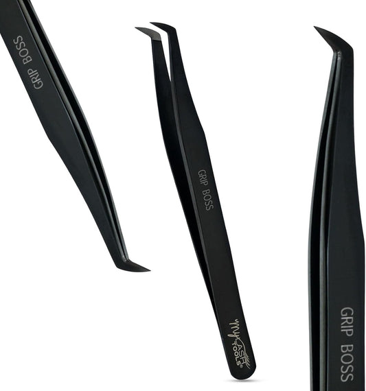 Mega Boot Volume Fiber Tip Lash Tweezer – GRIP BOSS, Non Slip Soft Grip, Professional Volume Eyelash Extension Tweezers, Lash Artist Tool (Black)