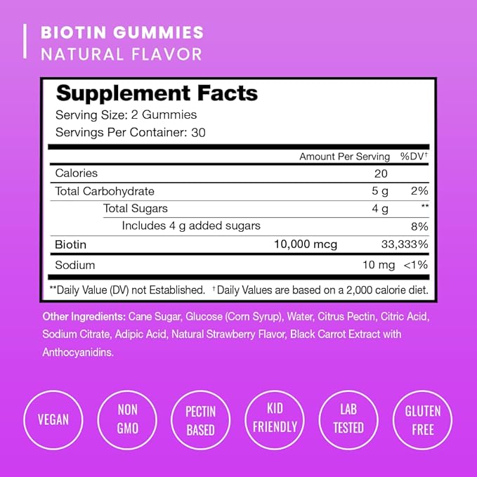 NutraChamps Biotin Gummies 10000mcg [High Potency] for Healthy Hair, Skin & Nails Vitamins for Women, Men & Kids - 5000mcg in Each Hair Vitamins Gummy - Vegan, Non-GMO, Hair Health Supplement