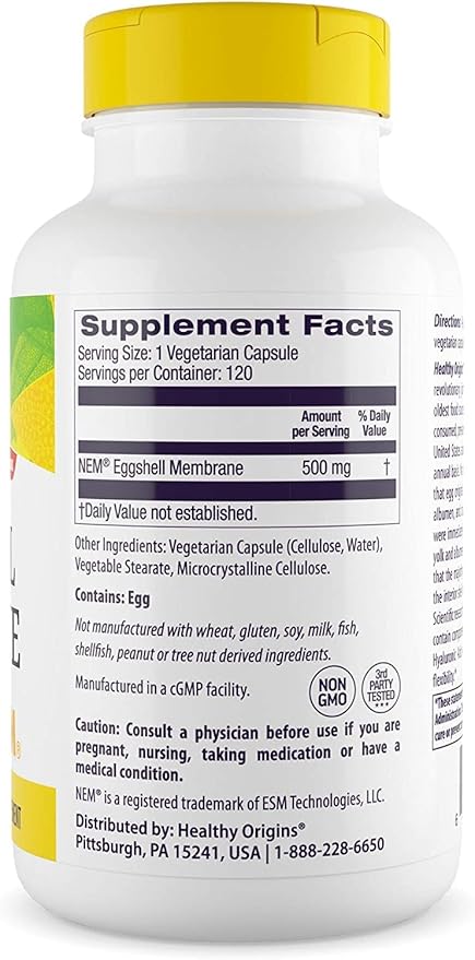 Healthy Origins Eggshell Membrane (NEM), 500 mg - Natural Collagen and Joint Support Supplement - Gluten-Free Supplement - 120 Veggie Capsules