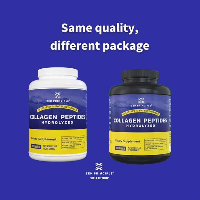 Zen Principle Grass-Fed Collagen Peptides 5 lb. Custom Anti-Aging Hydrolyzed Protein Powder for Healthy Hair, Skin, Joints & Nails. Paleo and Keto Friendly, GMO and Gluten Free, Pasture-Raised Bovine.