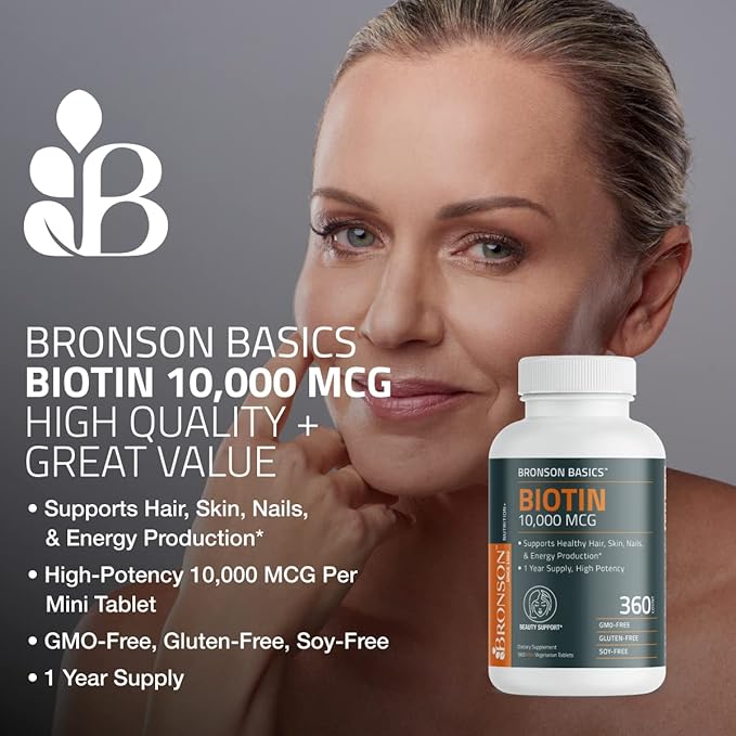 Bronson Biotin 10,000 MCG Supports Healthy Hair, Skin & Nails & Energy Production - High Potency Beauty Support - Non-GMO, 360 Vegetarian Tablets